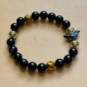 Handmade One of a Kind Onyx  & Golden Hematite Stretch Bracelet size 7.5